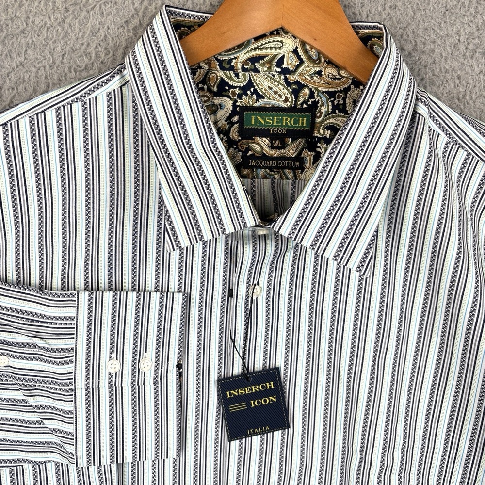 NEW Inserch Button Shirt‎ Mens 5XL White Gray Stripe Jacquard 100% Cotton Casual